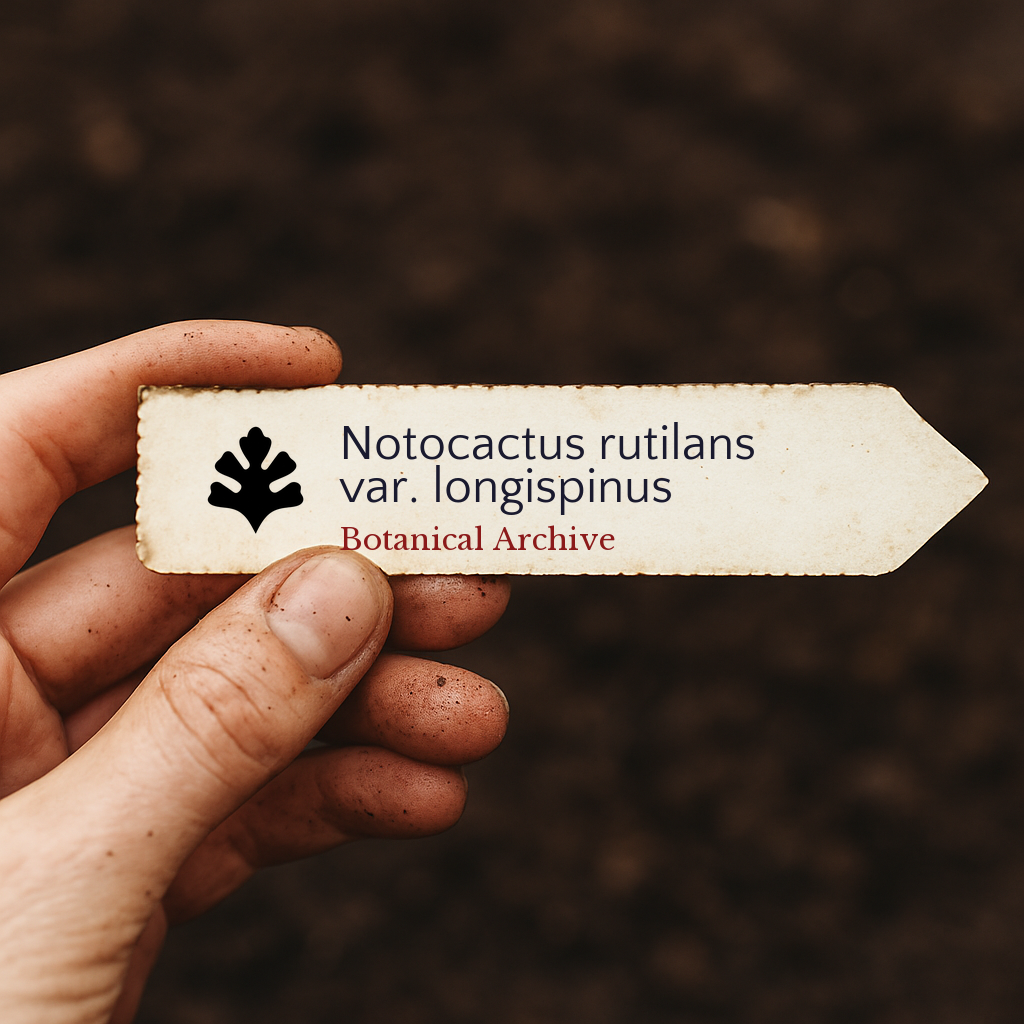 Printed plant label for Notocactus rutilans var. longispinus held in dirty hand over soil background