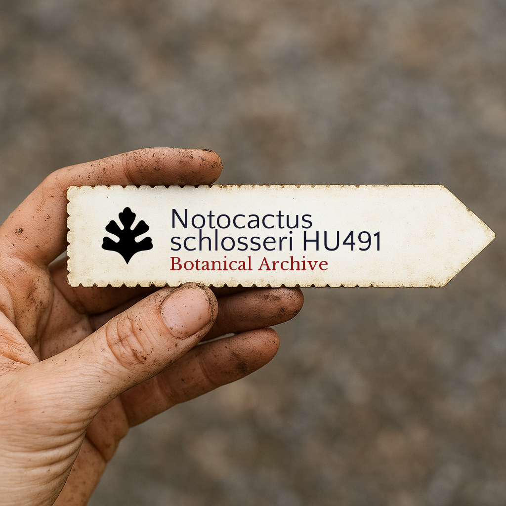 Etichetta stampata per pianta di Notocactus schlosseri HU491 tenuta da una mano sporca all'aperto