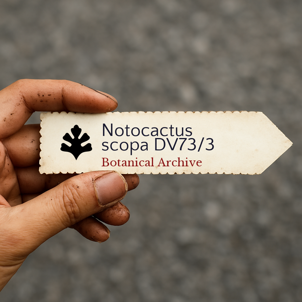Printed plant label for Notocactus scopa DV73/3 held by dirty hand outdoors