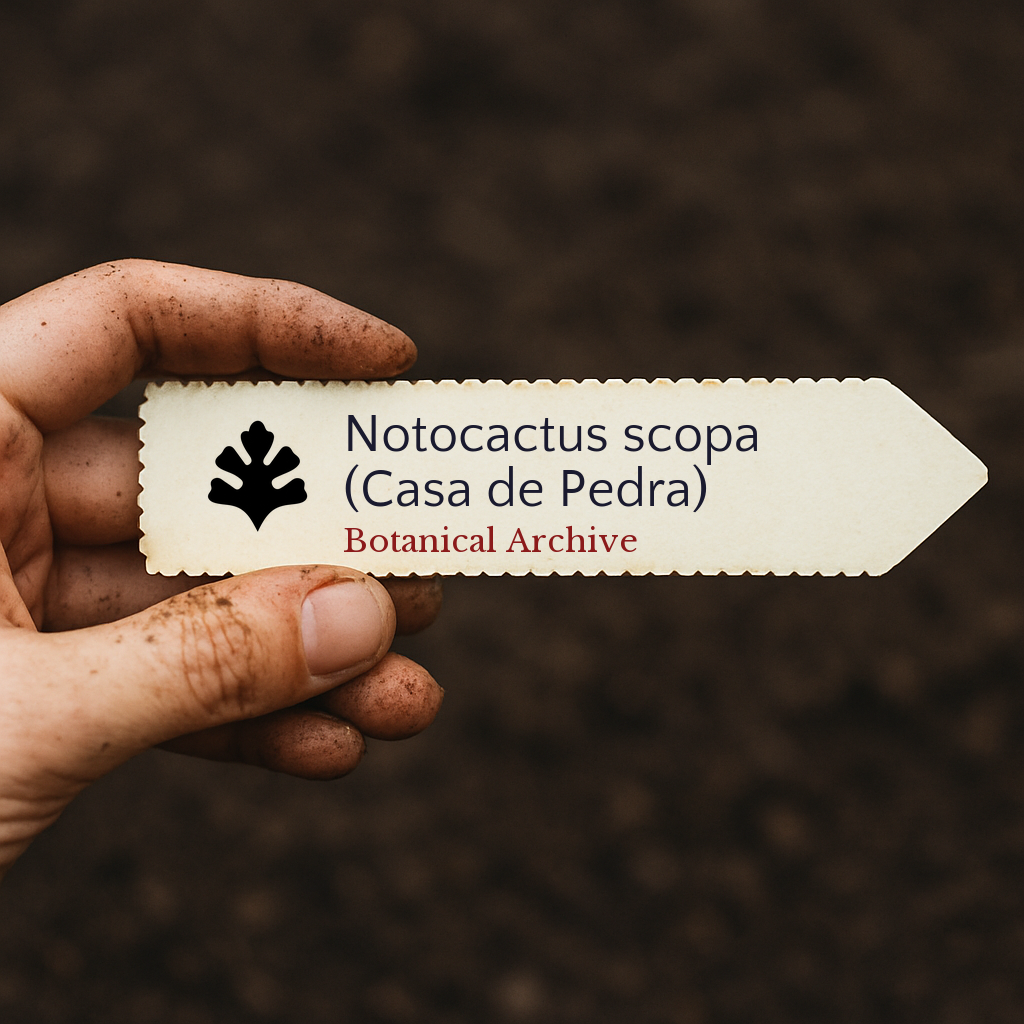 Printed plant label for Notocactus scopa (Casa de Pedra) held by dirty hand
