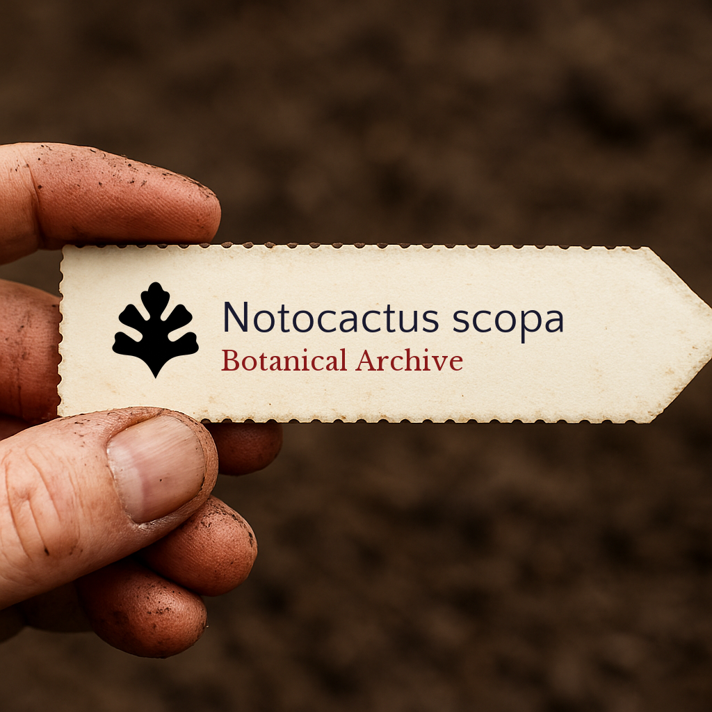 Printed plant label for Notocactus scopa held by dirty hand over soil background
