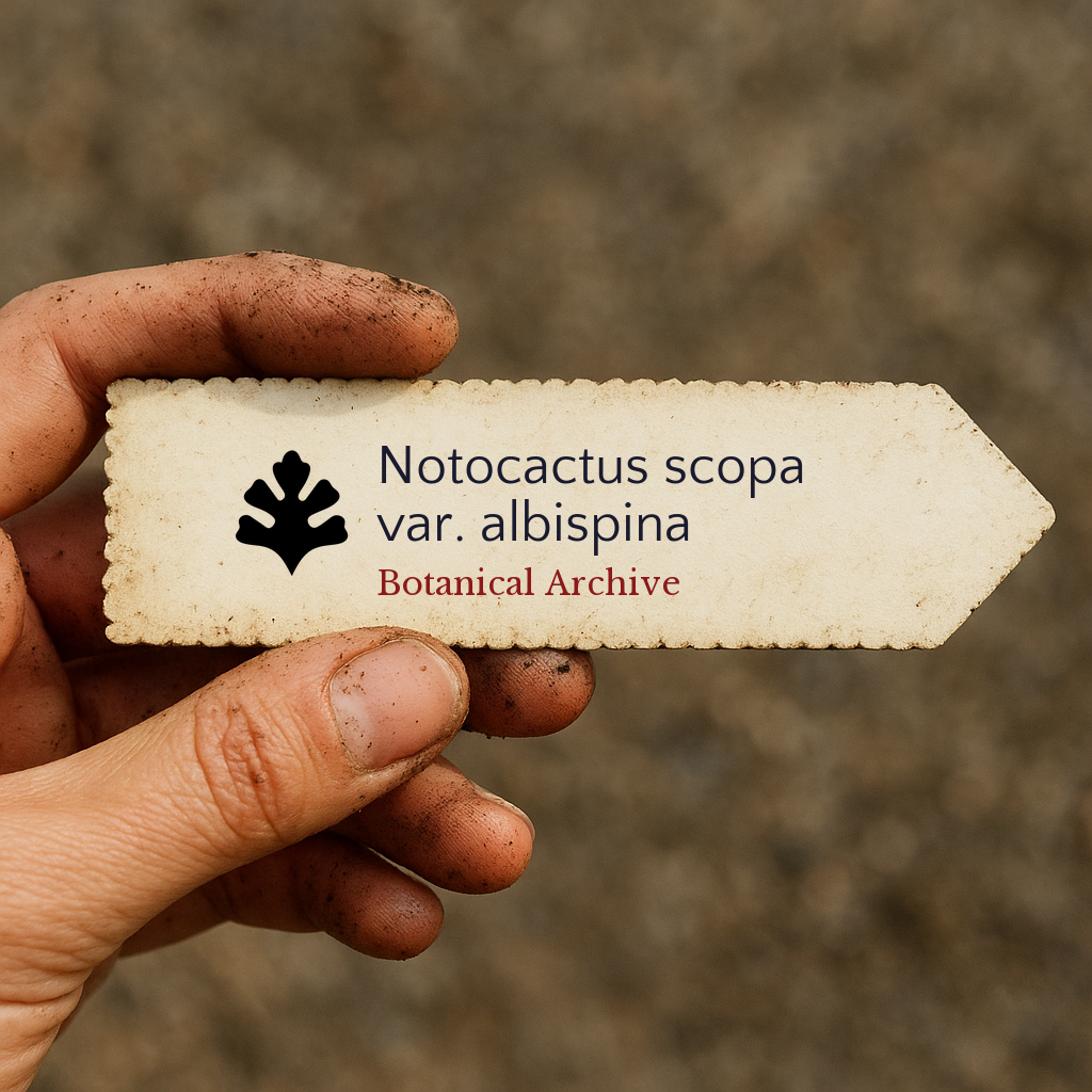 Printed plant label for Notocactus scopa var. albispina held by dirty hand outdoors