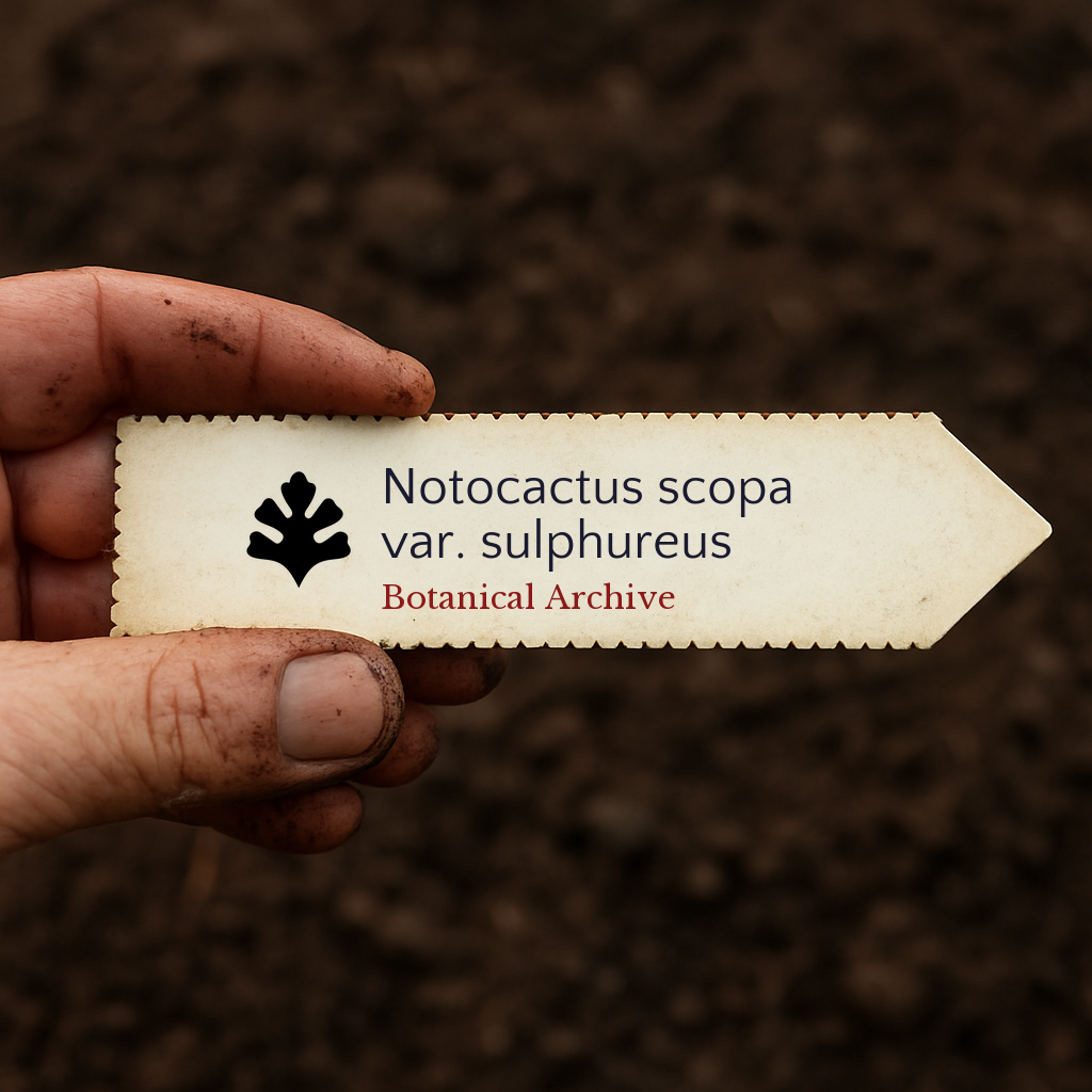 Printed plant label for Notocactus scopa var. sulphureus held over soil background