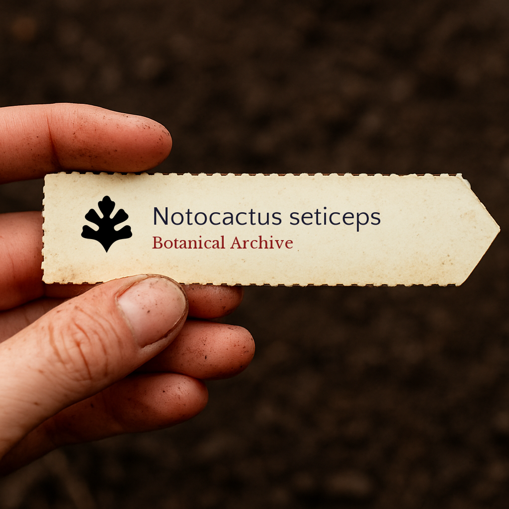 Printed plant label for Notocactus seticeps held by hand over soil background