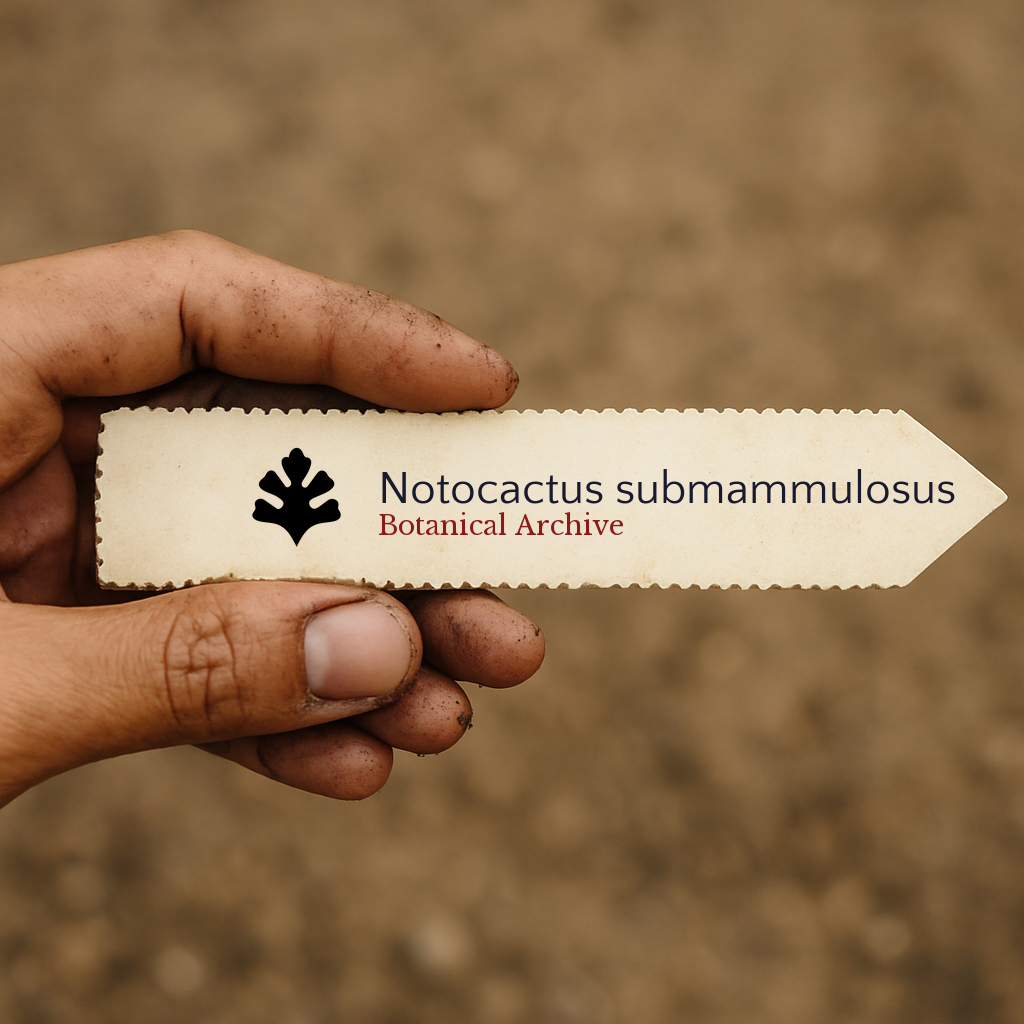 Plant label for Notocactus submammulosus with botanical archive logo held in hand