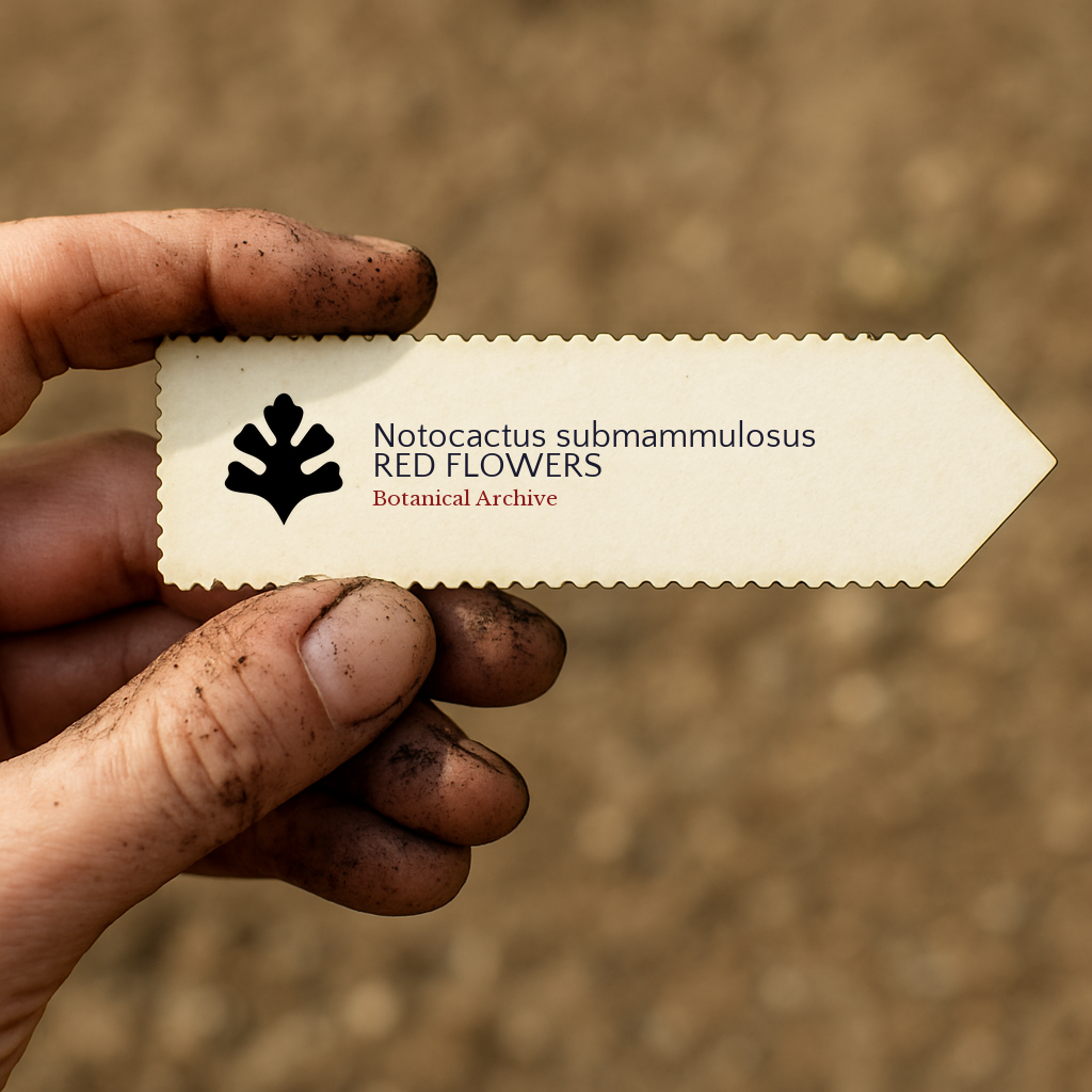 Printed plant label for Notocactus submammulosus held by dirty hand outdoors