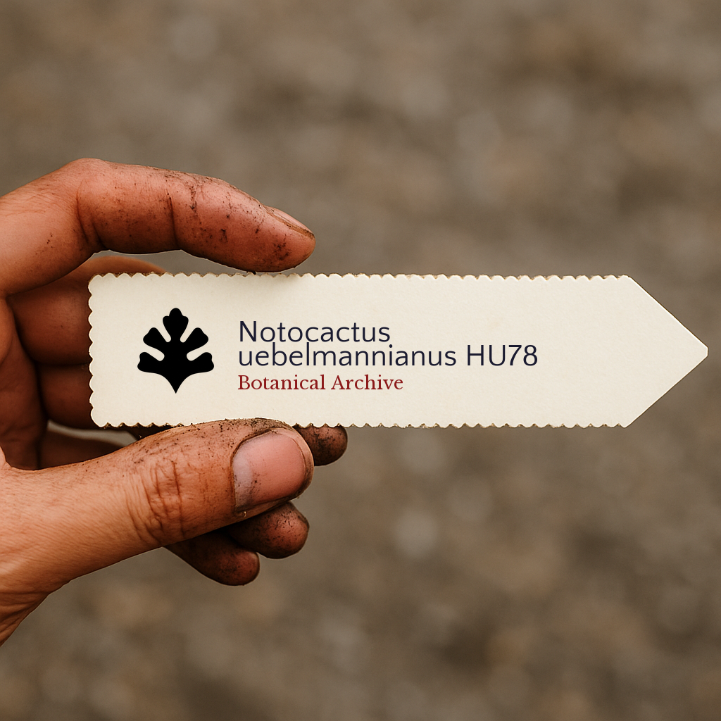 Etichetta per pianta stampata per Notocactus uebelmannianus HU78 tenuta da mano sporca