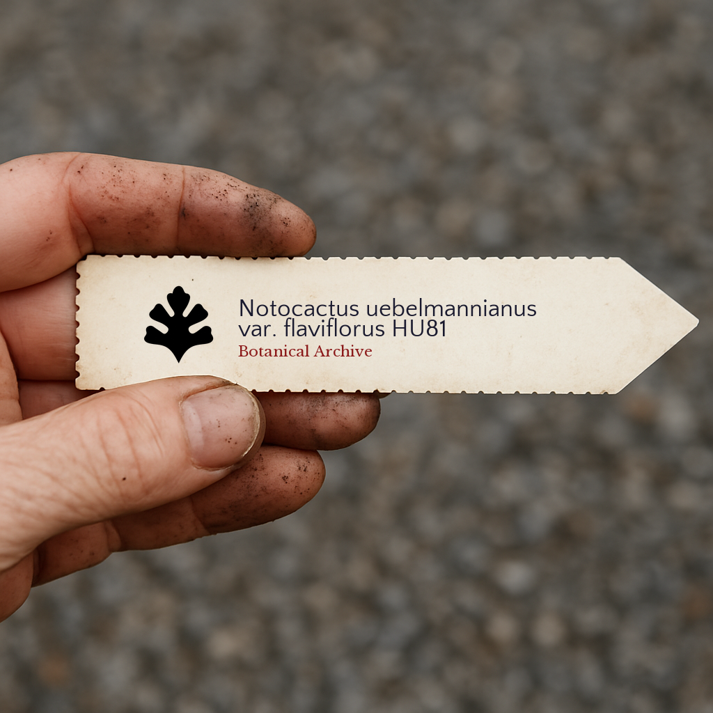Printed plant label for Notocactus uebelmannianus var. flaviflorus held by dirty hand outdoors