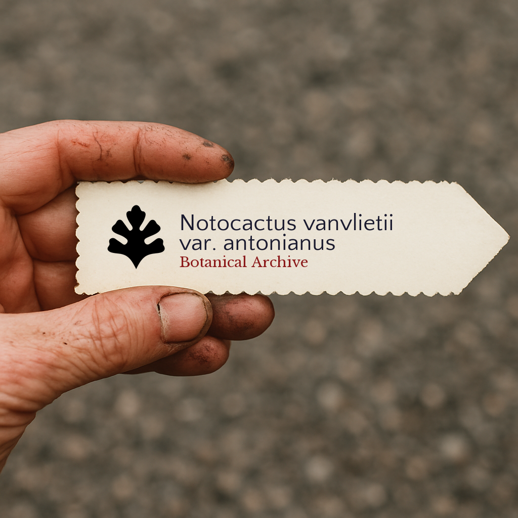 Etichetta stampata per pianta di Notocactus vanvlietii var. antonianus tenuta da mano sporca all'aperto