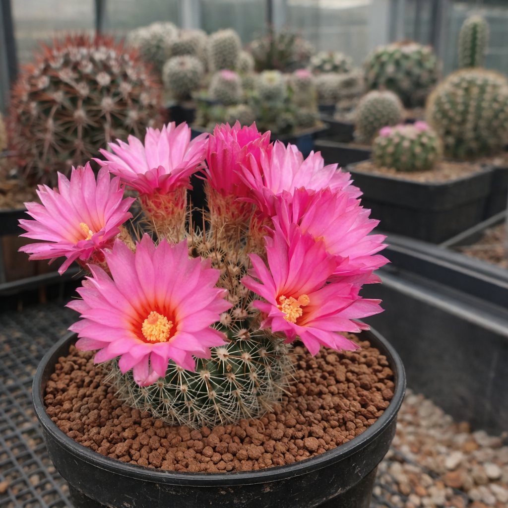 Notocactus gutierrezii cactus with vibrant pink flowers in black nursery pot