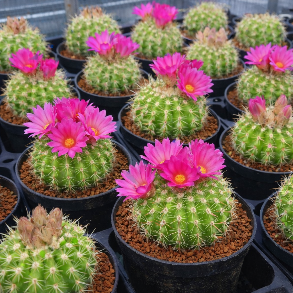 Notocactus herteri cactus with bright pink flowers in black nursery pots