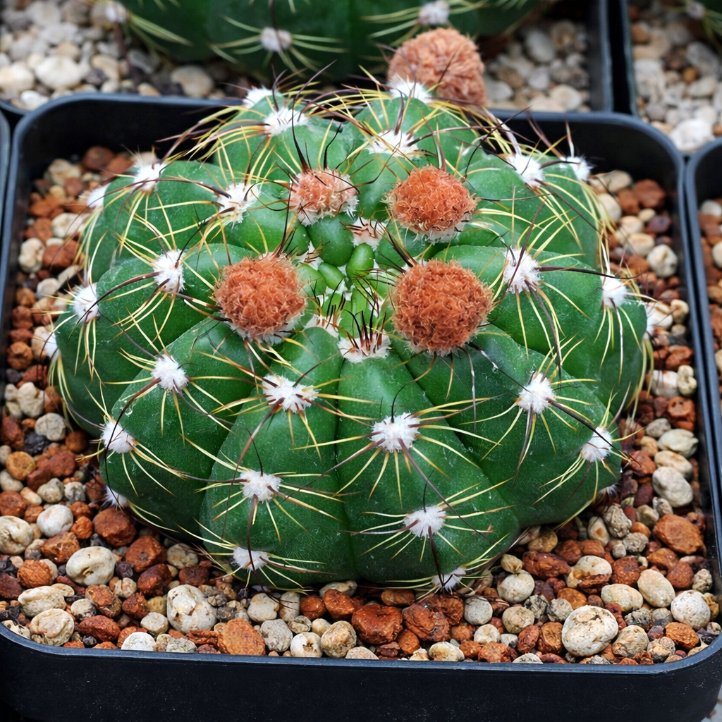 Notocactus militaris cactus with round green body and dense orange woolly areoles
