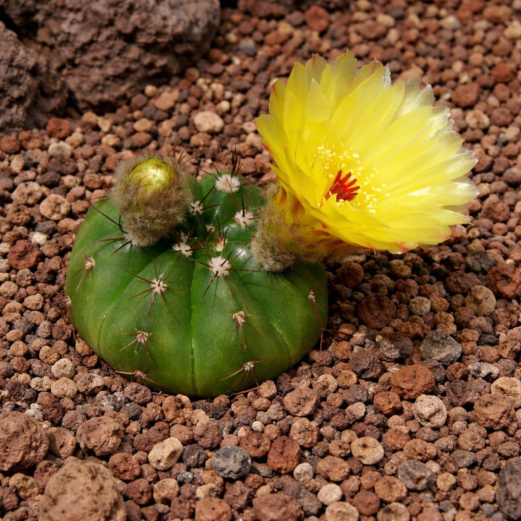 Notocactus oxycostatus piccolo cactus rotondo con fiore giallo e spine su terreno roccioso