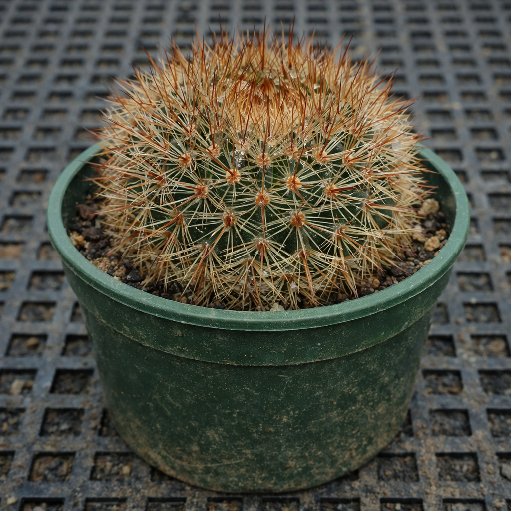 Notocactus succineus small round cactus with dense orange spines in green pot
