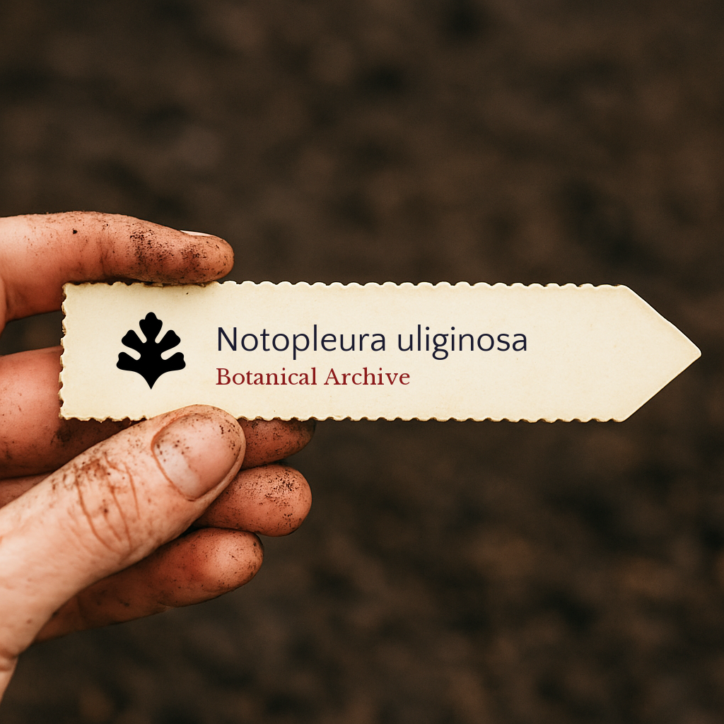 Etichetta vegetale stampata per Notopleura uliginosa tenuta da mano sporca su sfondo di terra