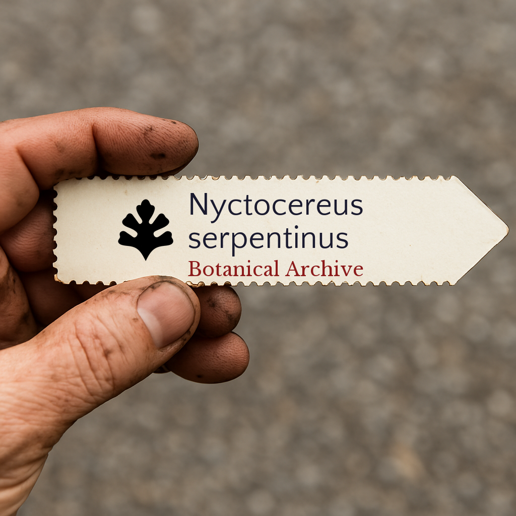 Printed plant label for Nyctocereus serpentinus held by hand with dirt background