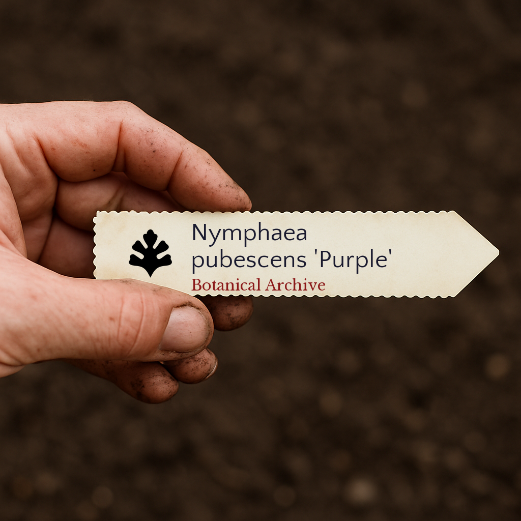 Plant label for Nymphaea pubescens 'Purple' held in hand with soil background