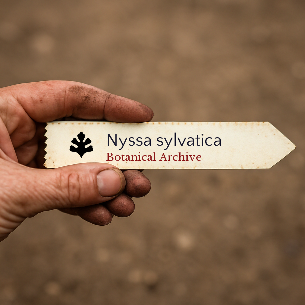 Etichetta plantare stampata per Nyssa sylvatica tenuta dalla mano sporca di un giardiniere con sfondo di terreno