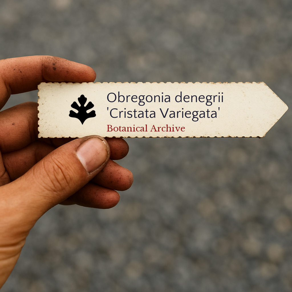 Printed plant label for Obregonia denegrii 'Cristata Variegata' held by hand with dirt-stained fingers