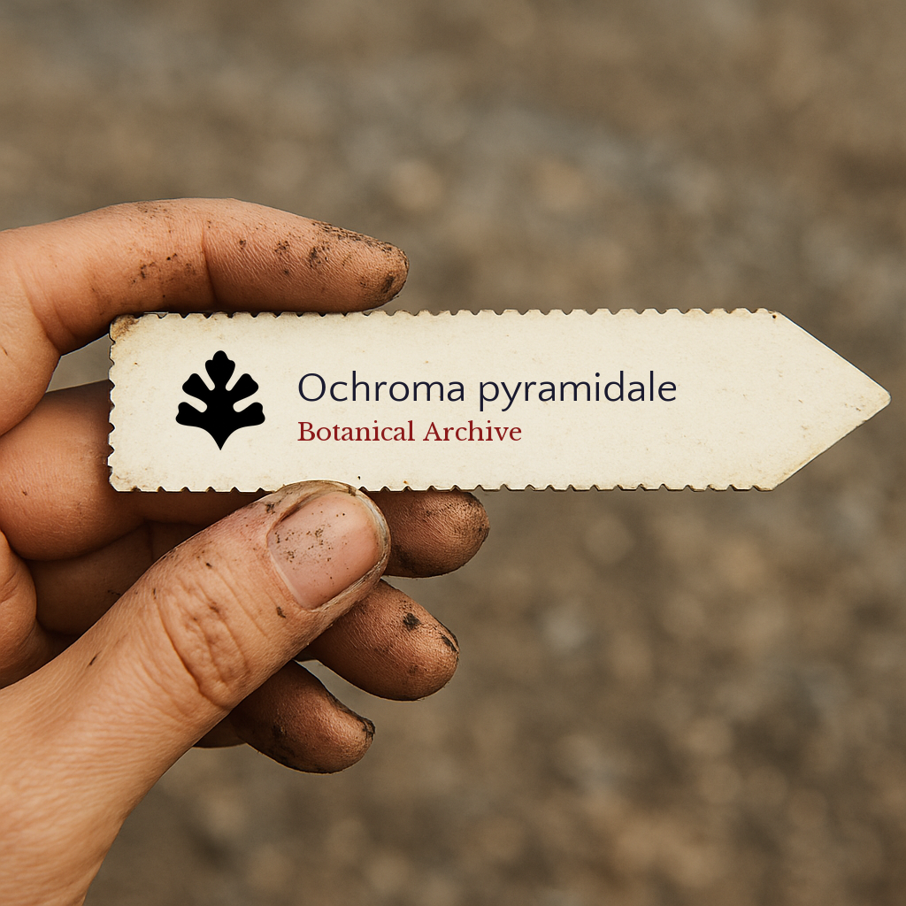 Printed plant label for Ochroma pyramidale held by dirty hand outdoors