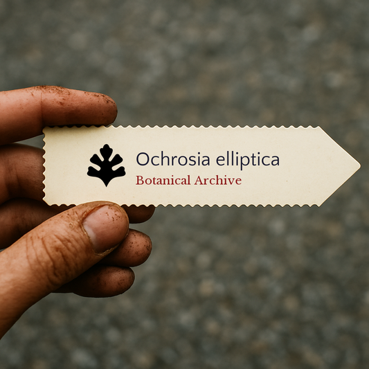 Printed plant label for Ochrosia elliptica with botanical archive logo held by dirty hand