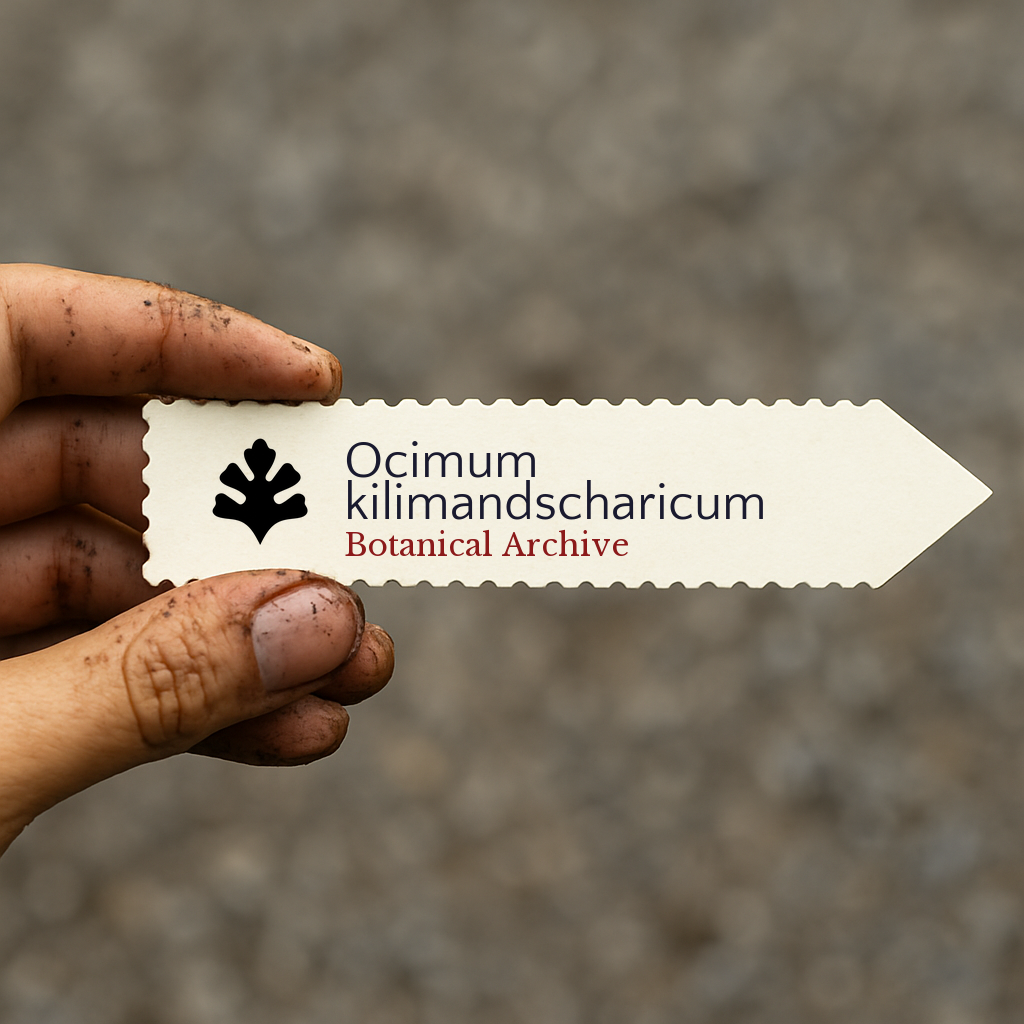 Printed plant label for Ocimum kilimandscharicum held by dirty hand outdoors