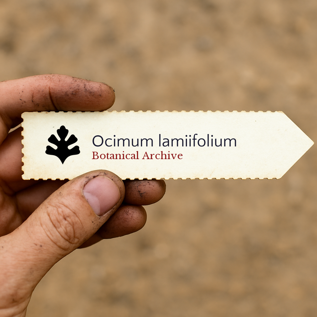 Printed plant label for Ocimum lamiifolium held by dirty hand on blurred background