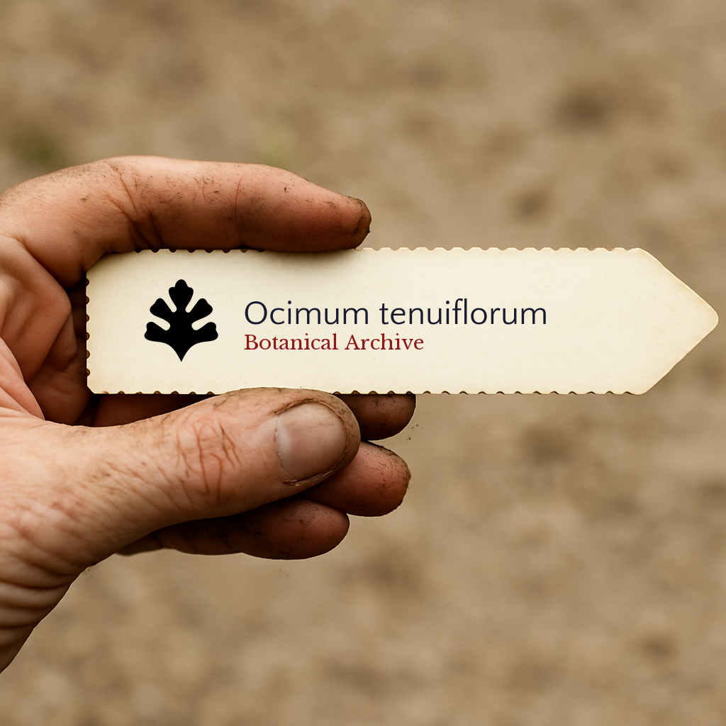 Printed plant label for Ocimum tenuiflorum held by dirty hand against soil background