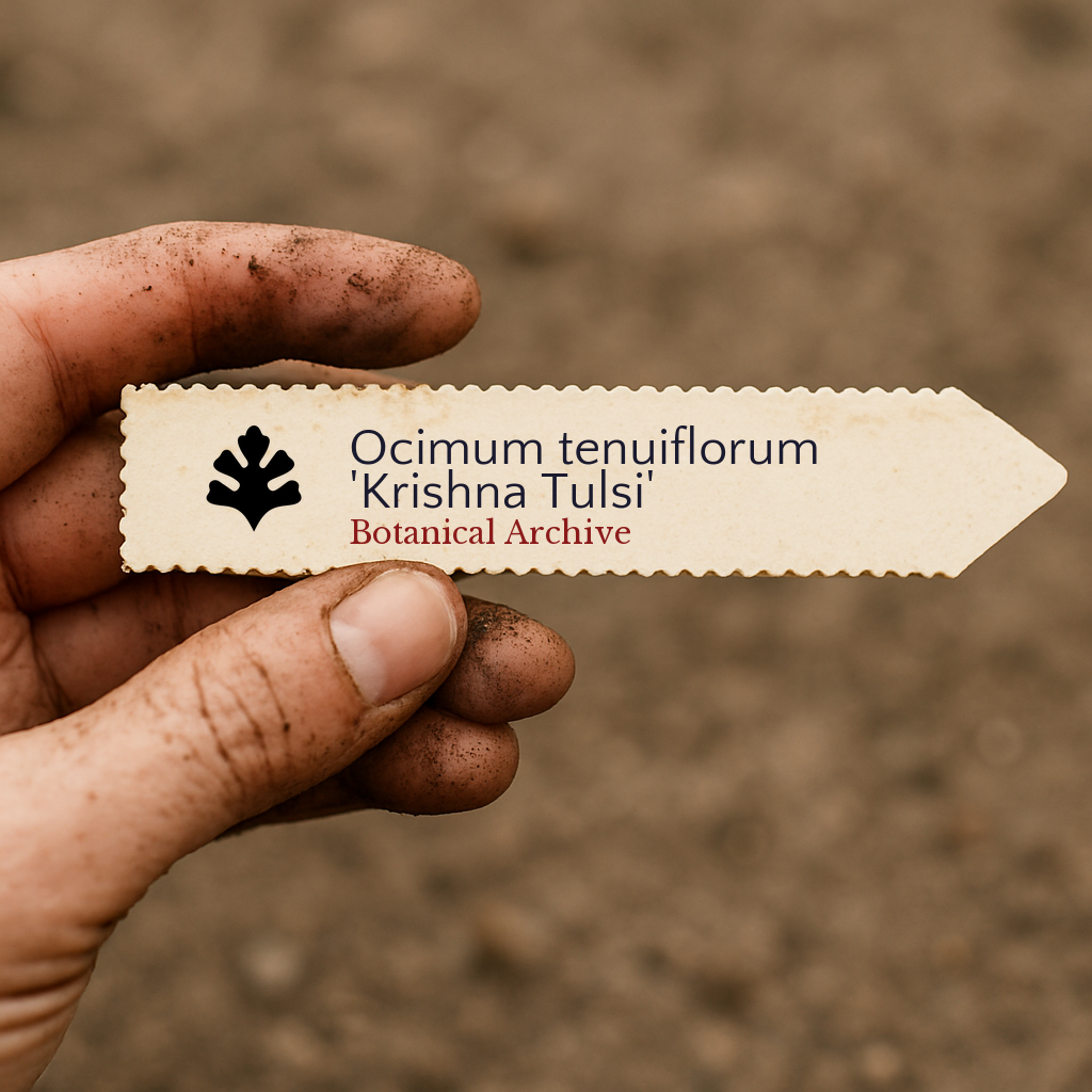 Etichetta della pianta stampata per Ocimum tenuiflorum 'Krishna Tulsi' tenuta in mano sporca all'aperto