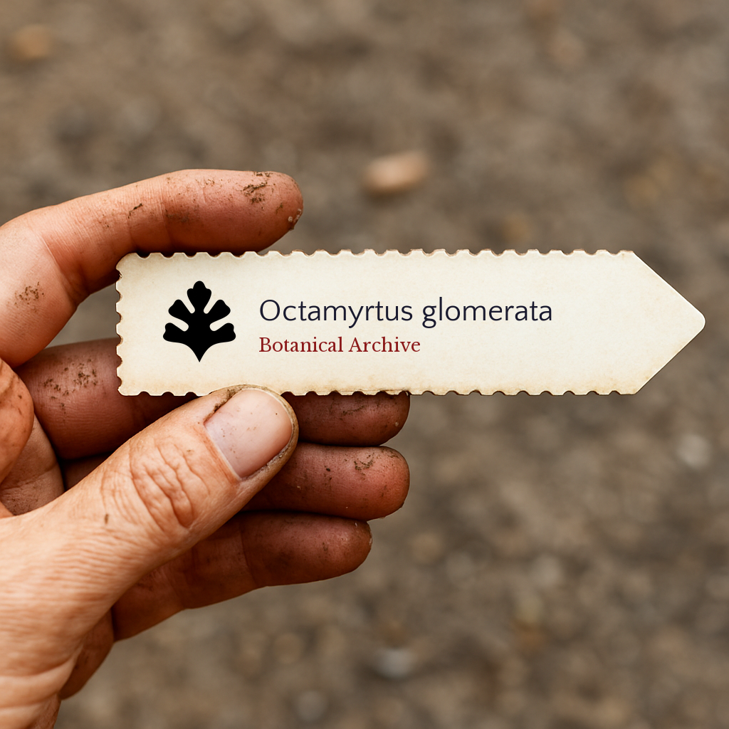Printed plant label for Octamyrtus glomerata held by dirty hand outdoors