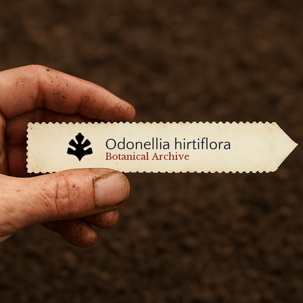 Printed plant label for Odonellia hirtiflora held over soil background