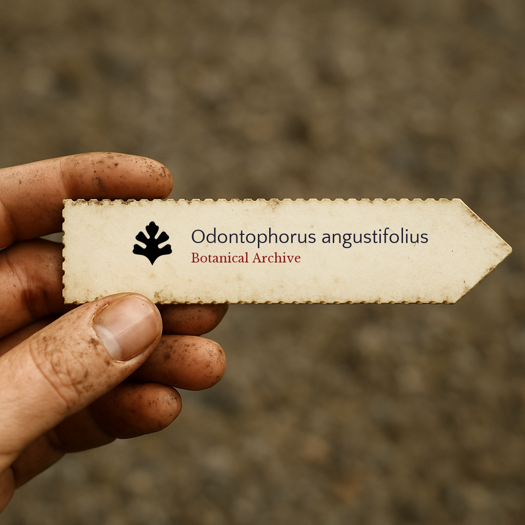 Etichetta stampata dell'archivio botanico per Odontophorus angustifolius tenuta da una mano sporca