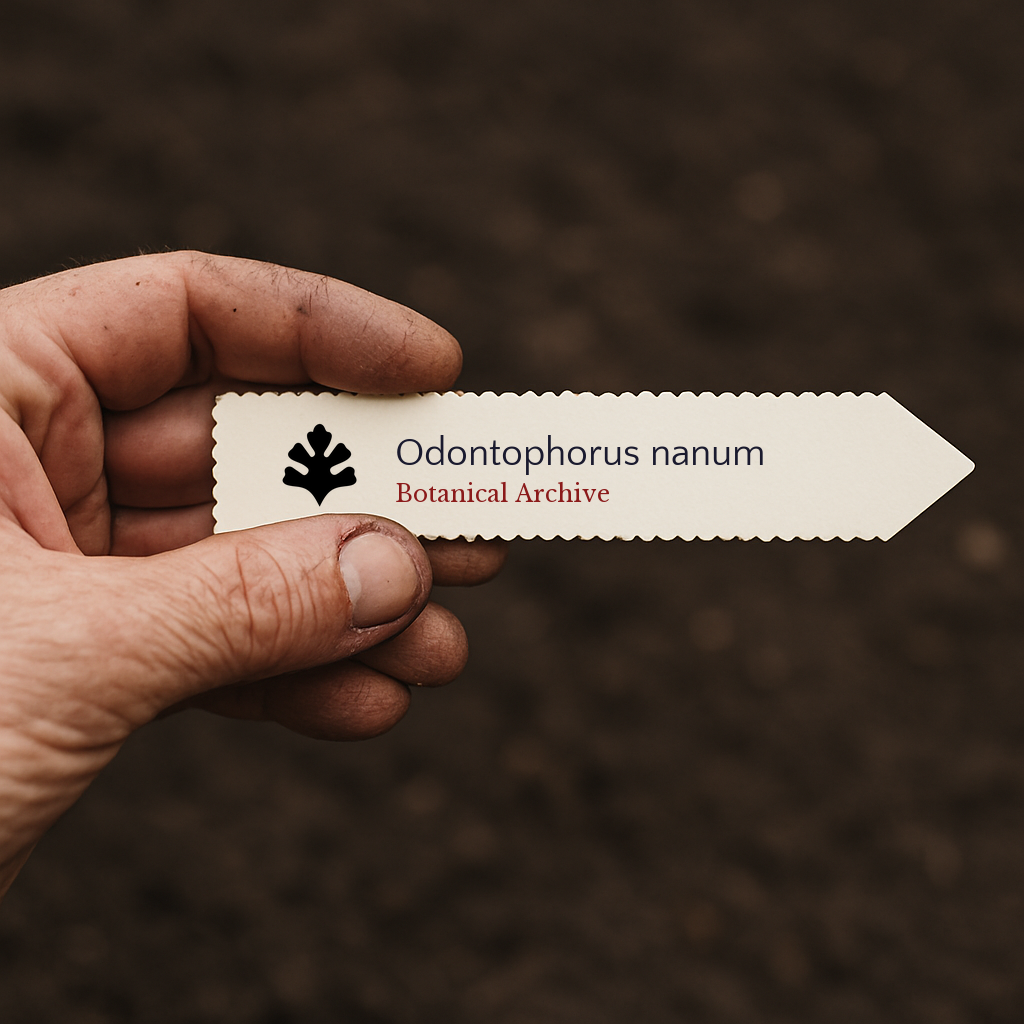 Printed plant label for Odontophorus nanum with botanical archive logo in hand