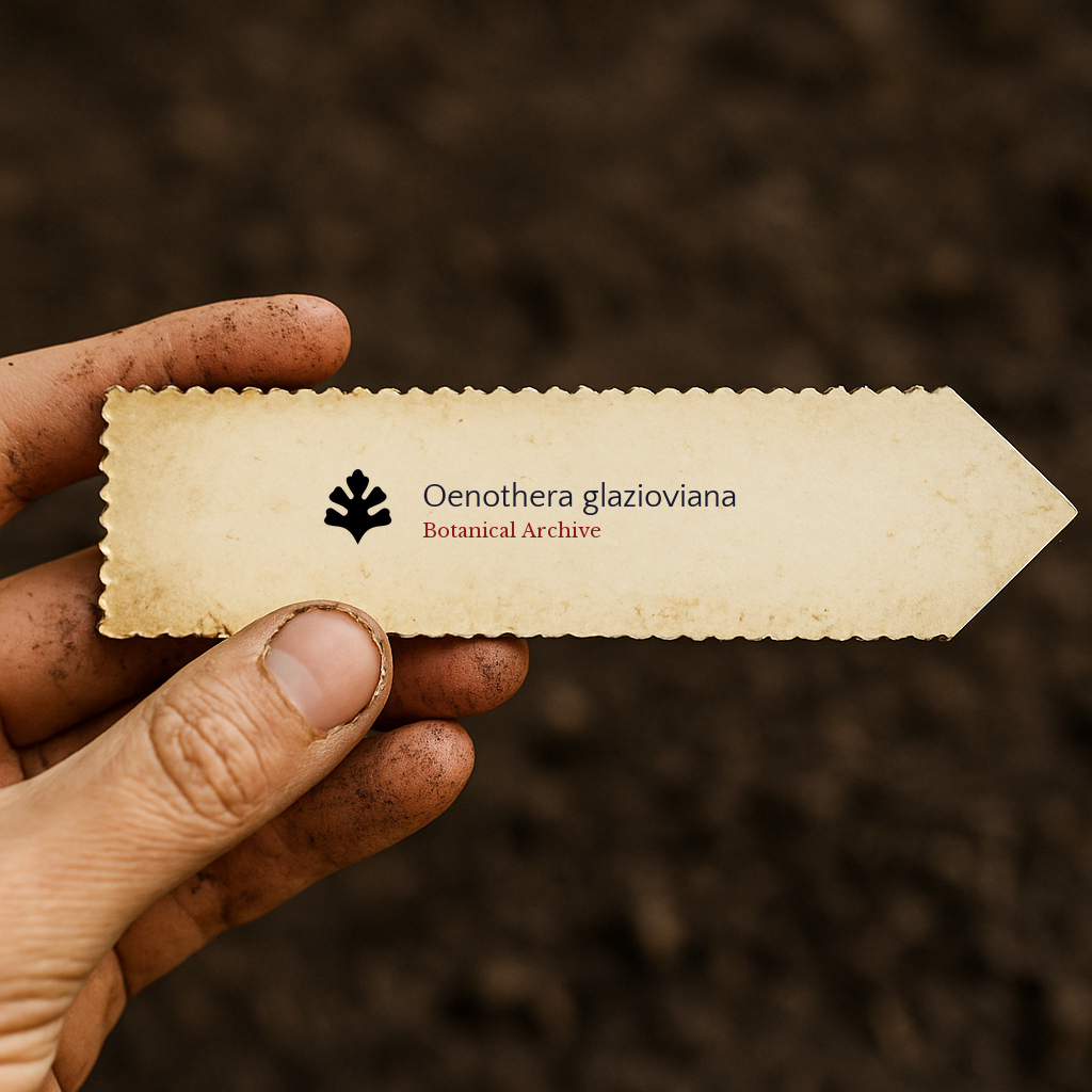 Printed plant label for Oenothera glazioviana held by hand over soil background