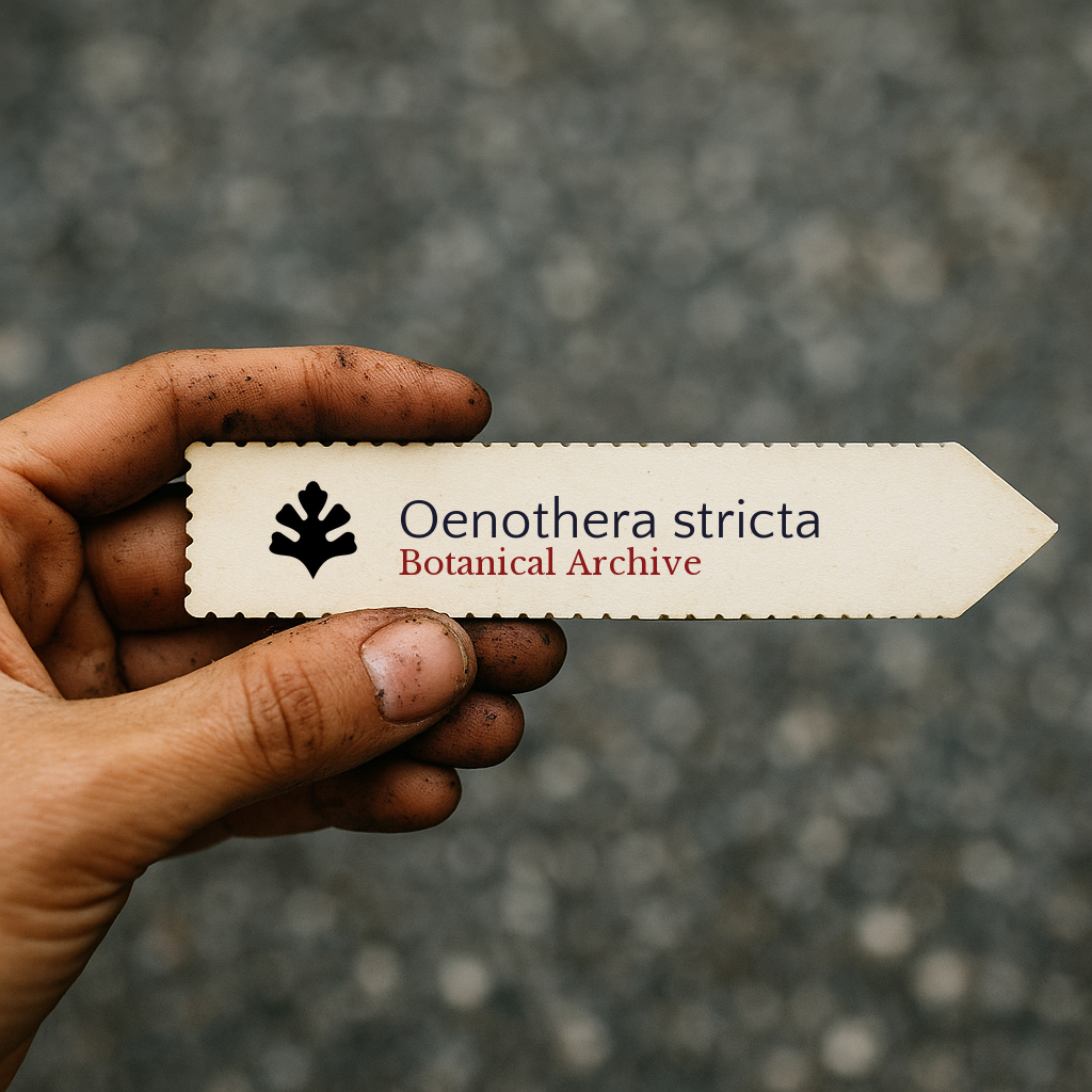 Printed plant label for Oenothera stricta held by dirty hand outdoors
