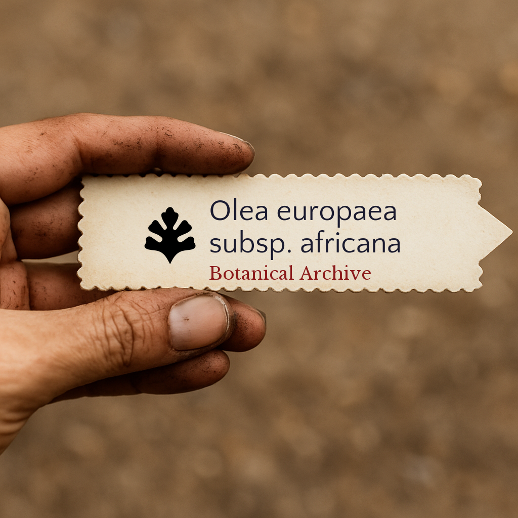 Etichetta per pianta stampata per Olea europaea subsp. africana tenuta da una mano sporca all'aperto