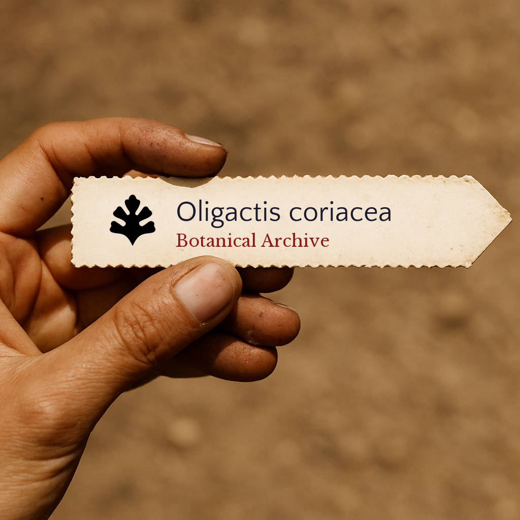 Etichetta per pianta stampata per Oligactis coriacea tenuta a mano con sfondo di terreno