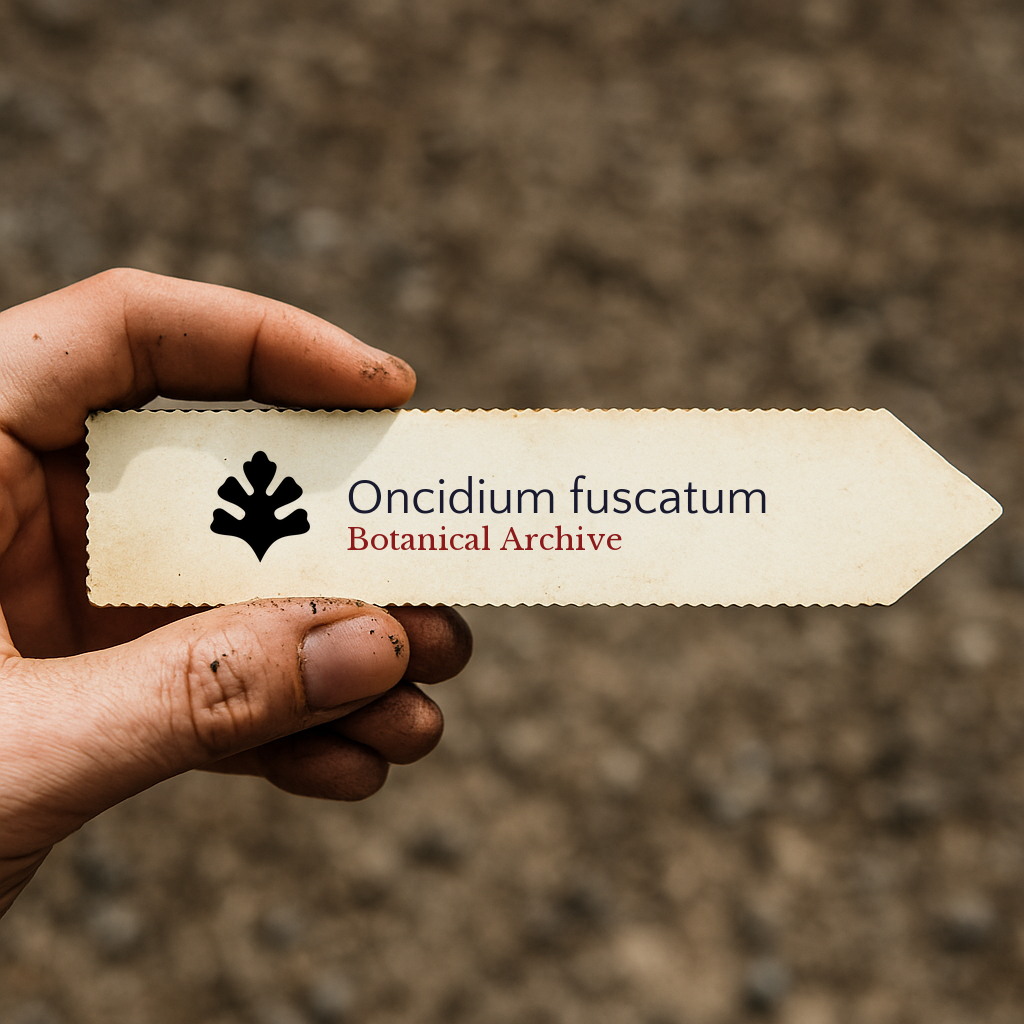 Printed plant label for Oncidium fuscatum held by hand with soil background