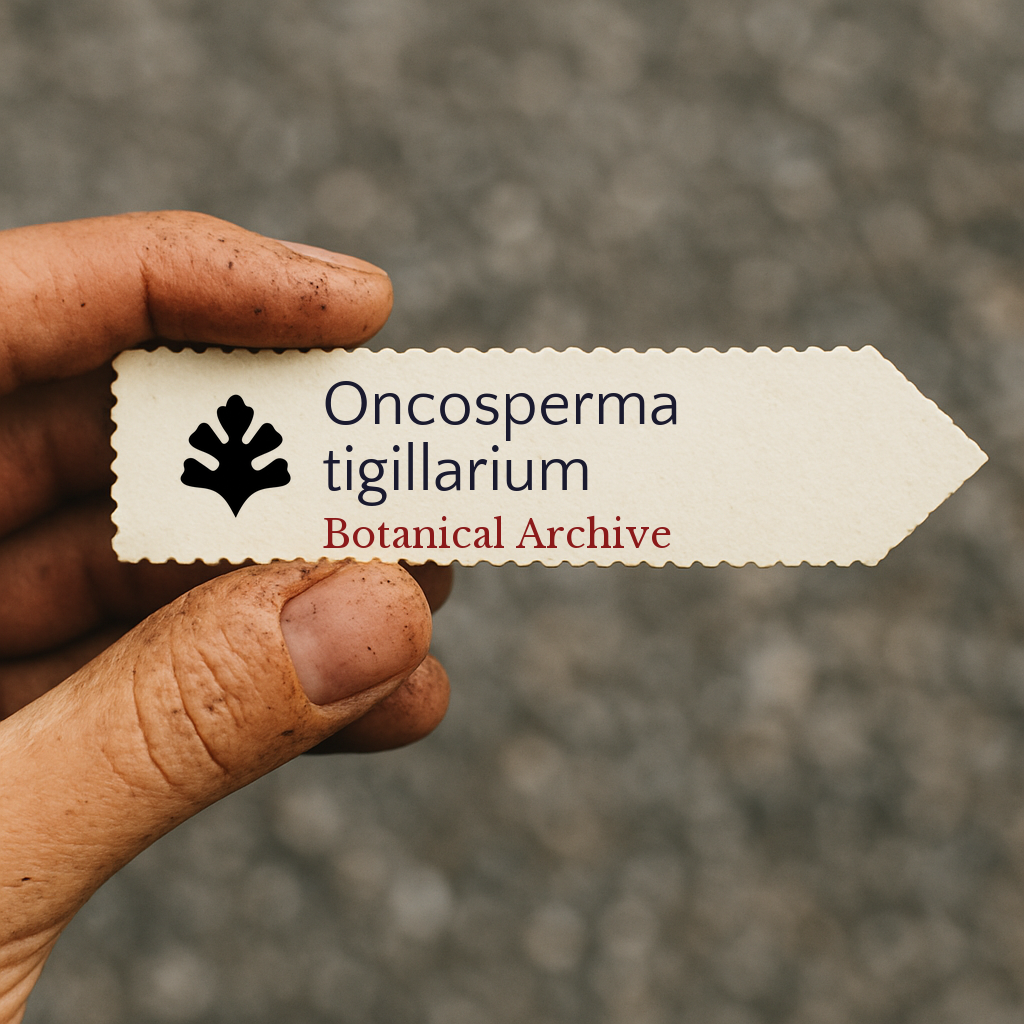 Printed plant label for Oncosperma tigillarium held by hand with dirt on fingers