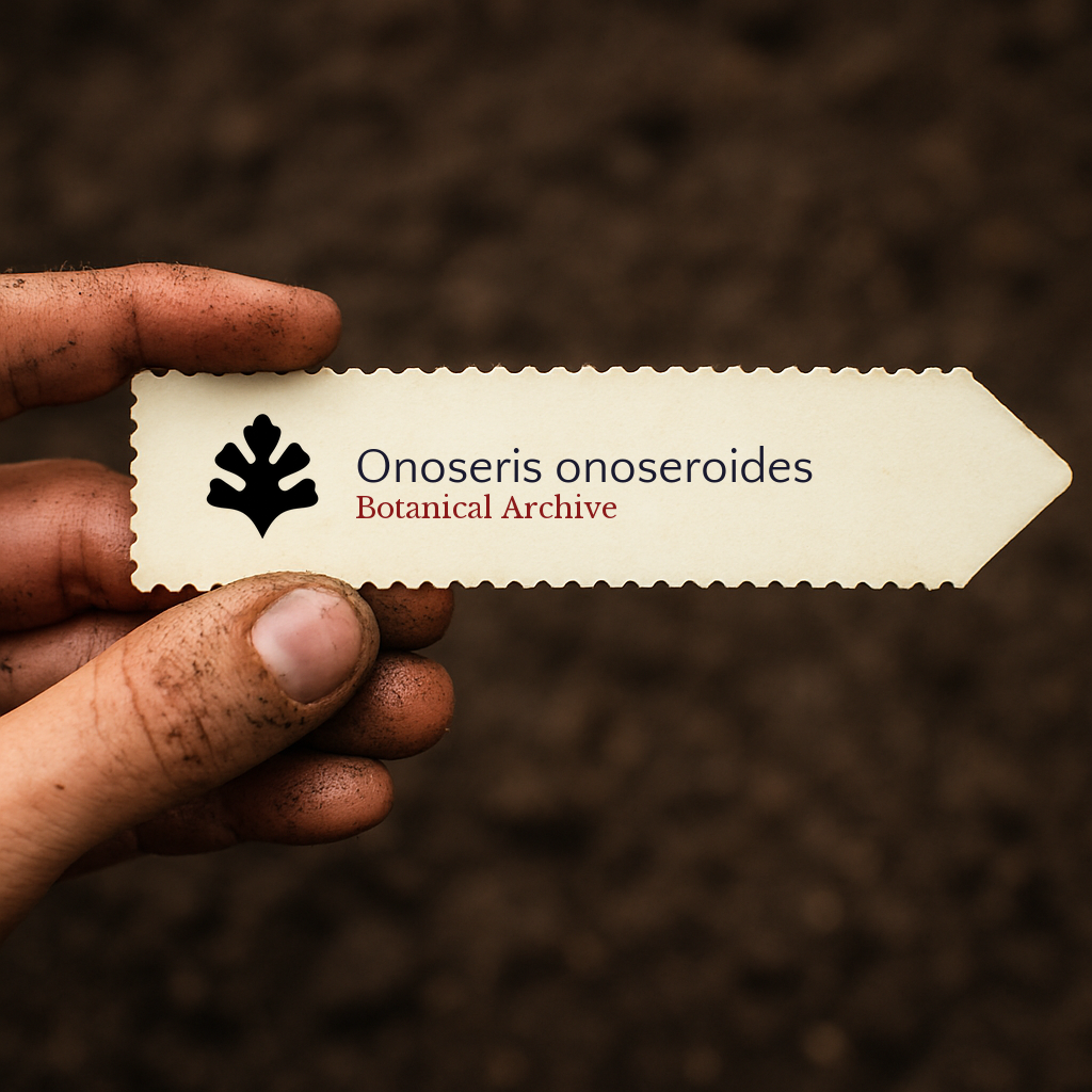 Printed plant label for Onoseris onoseroides with botanical archive logo held over soil