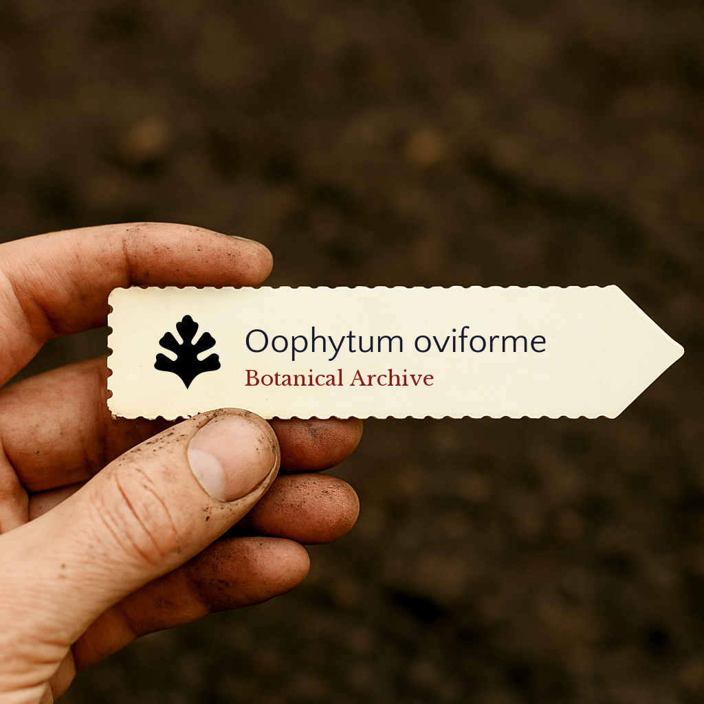 Etichetta stampata della pianta per Oophytum oviforme tenuta a mano su sfondo di terreno