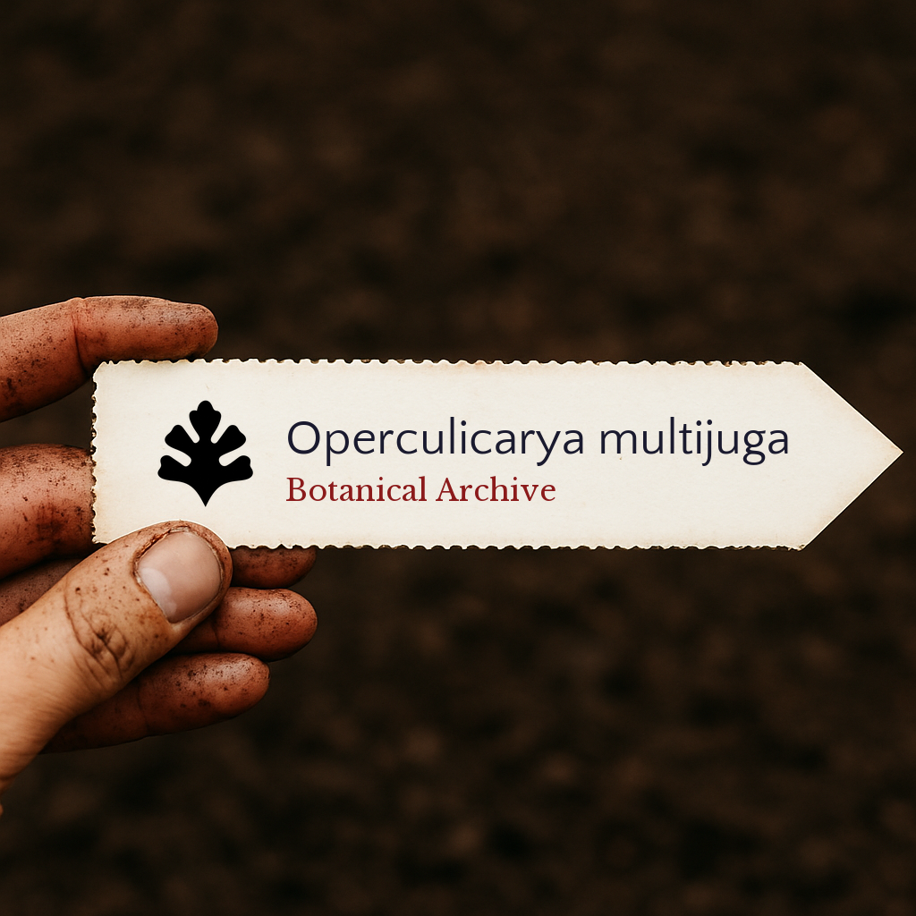 Printed plant label for Operculicarya multijuga held by dirty hand over soil background