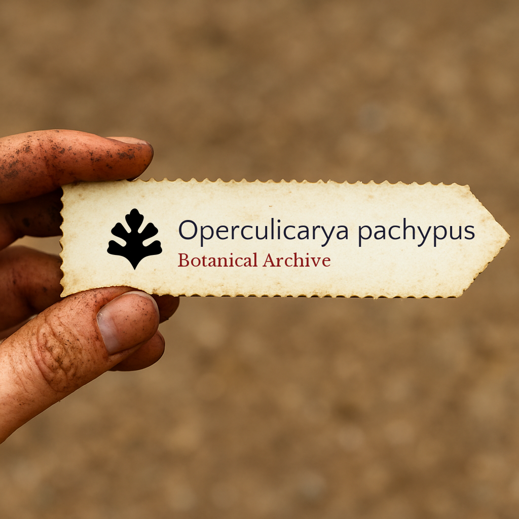 Printed plant label for Operculicarya pachypus held by dirty hand with blurred background