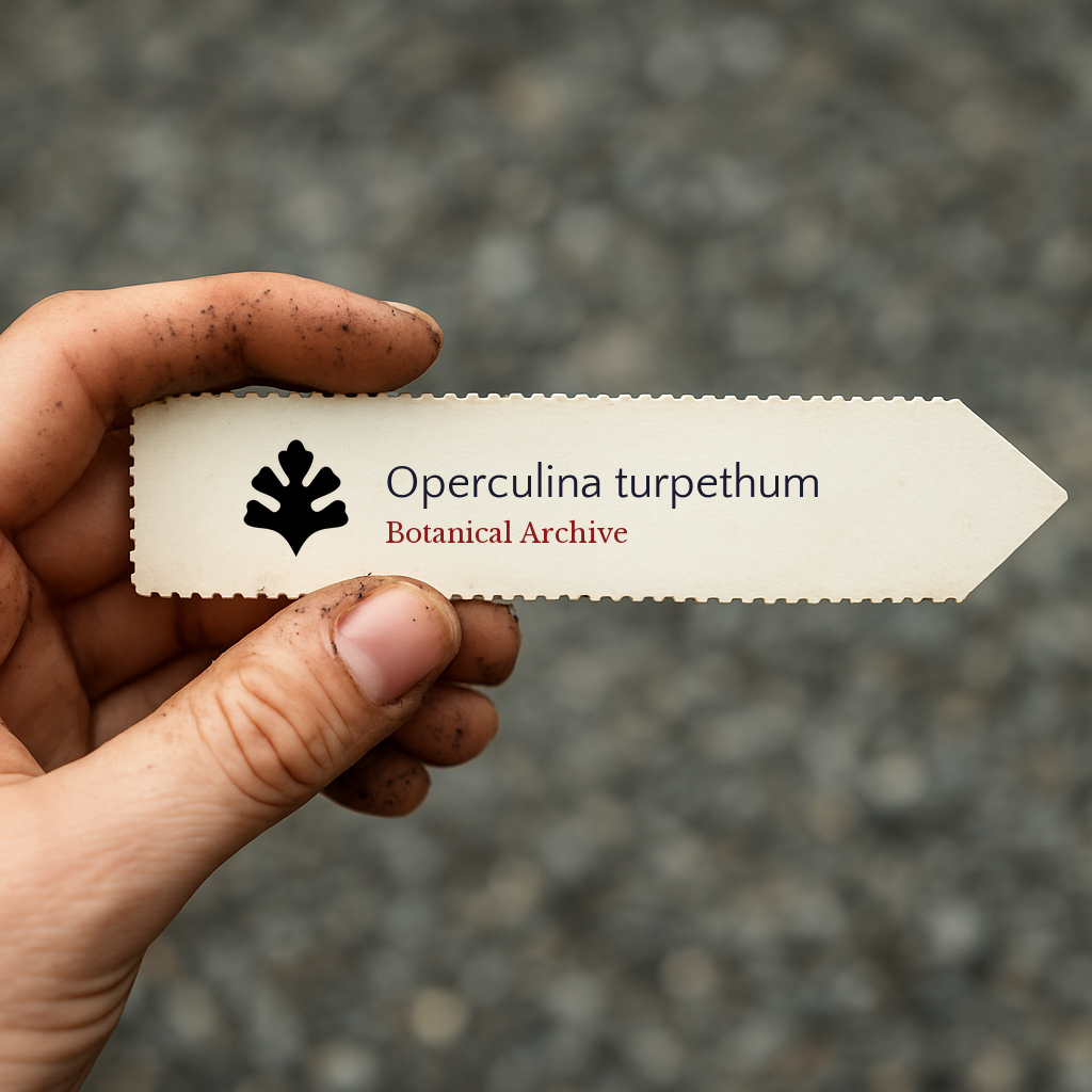 Printed plant label for Operculina turpethum held by a hand with soil dirt