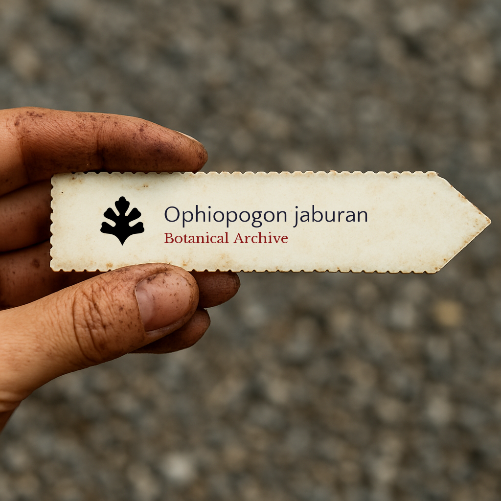Printed plant label for Ophiopogon jaburan held by dirty hand with blurred background