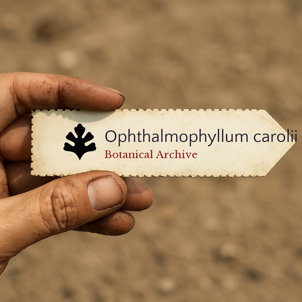 Printed plant label for Ophthalmophyllum carolii held in hand with soil background