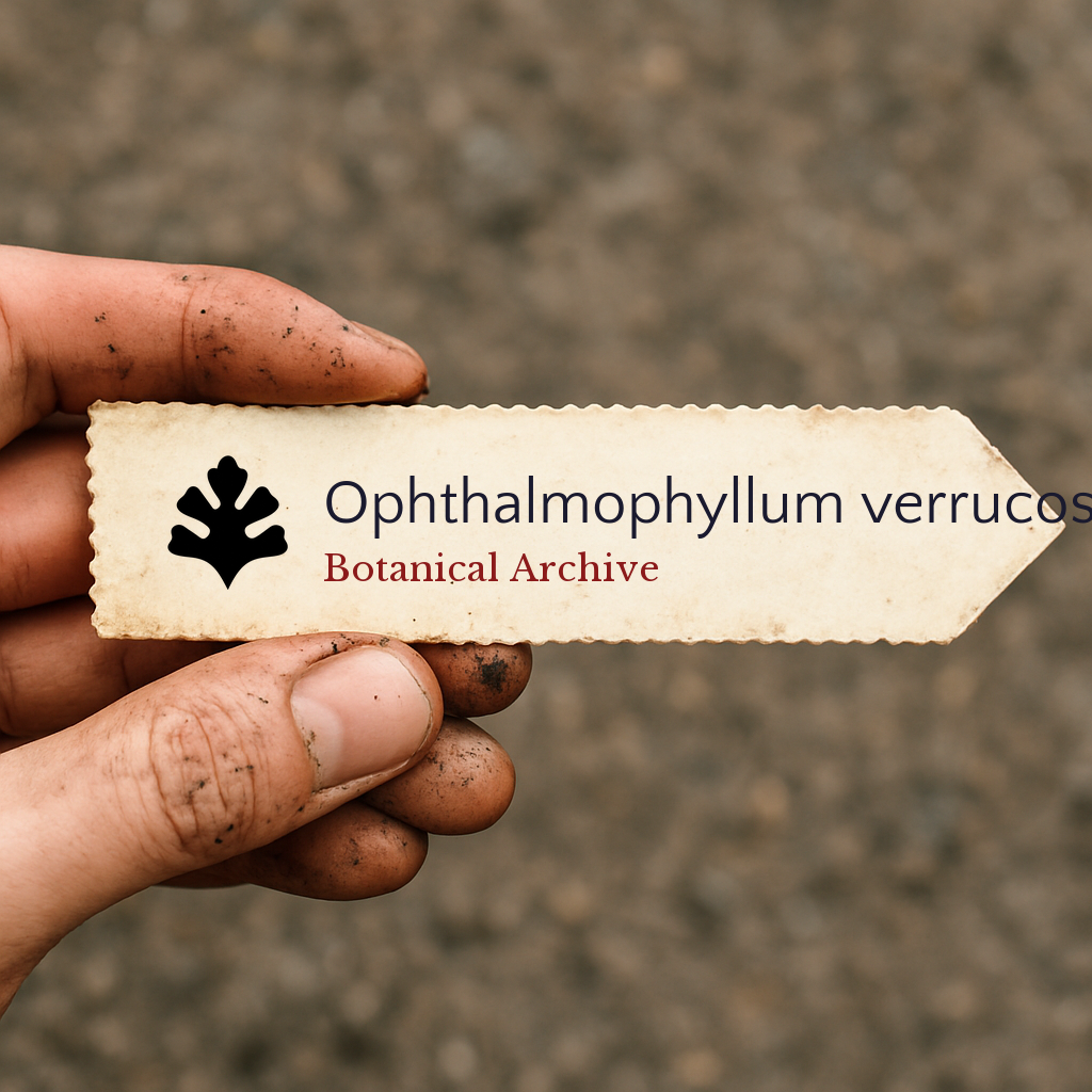 Etichetta stampata per pianta di Ophthalmophyllum verrucosum tenuta da mano sporca all'aperto