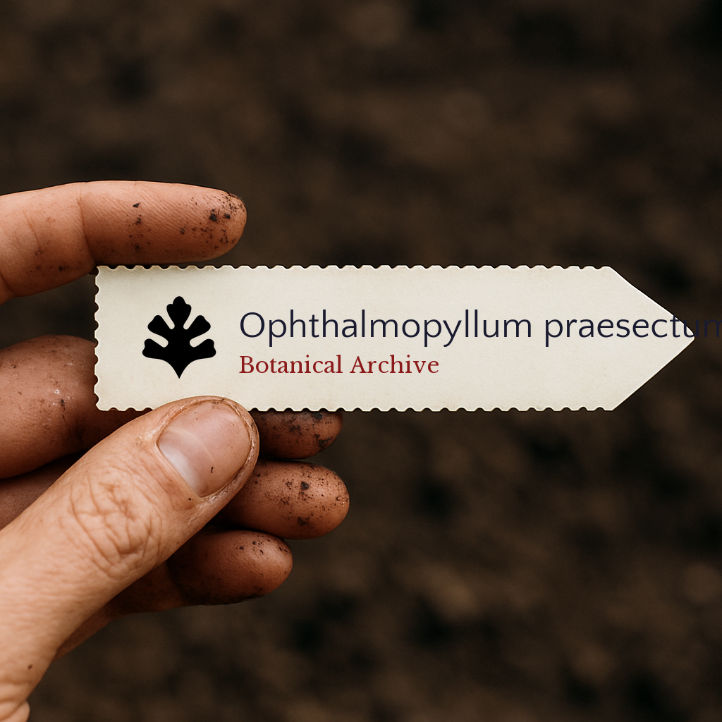 Printed plant label for Ophthalmopyllum praesectum held by dirty hand over soil background