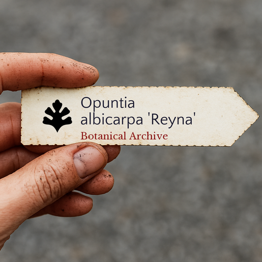 Printed plant label for Opuntia albicarpa 'Reyna' held by hand with dirt on fingers
