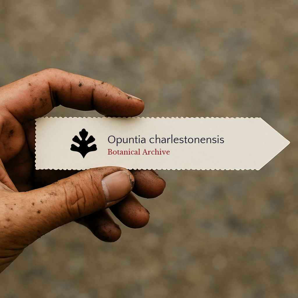 Etichetta stampata per pianta di Opuntia charlestonensis tenuta da una mano sporca all'aperto